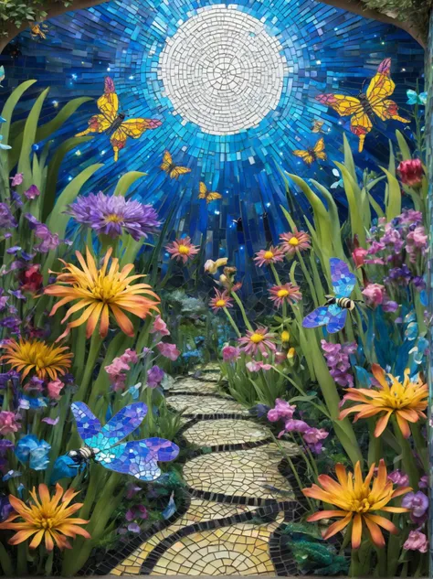 punk aesthetic in a realm beyond the ordinary, a bee with wings of iridescent blue hues takes flight within an ornate mosaic garden. the garden is a breathtaking blend of flowers and plants, each crafted from the most exotic materials. the bee, imbued with a magical aura, flutters amidst the floral tapestry, leaving behind trails of shimmering dust that refracts the light in mesmerizing patterns. the mosaic tiles, reminiscent of stained glass, are not merely decorative but appear to be alive. they emit soft luminescence, casting ethereal shadows across the garden floor. some tiles even possess life like characteristics; tiny insects emerge from their intricate designs, their wings unfurling as they take to the air, adding a touch of whimsy to the scene. but there's more than meets the eye here. the garden itself seems to pulse with a rhythmic heartbeat, as if it were a living entity nurturing the vibrant flora and fauna within its confines. the colors shift and dance, transforming the garden into a kaleidoscope of ever changing hues under the watchful gaze of the enchanted bee. in this surrealistic setting, reality bends to the will of imagination, and magic flows freely through every corner of this mosaic paradise. . rebellious, urban, diy fashion, edgy graphics
