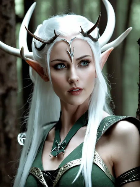 iphone photo arafed woman with white hair and horns in a forest, a photo by zoltan boros, trending on cgsociety, fantasy art, very beautiful elven top model, beautiful wood elf, beautiful and elegant female elf . large depth of field, deep depth of field, highly detailed