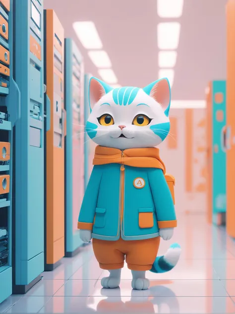 mod style digital art of a little cat, adult loveable eyes, moving into supercomputer room, in ation, in futuristic costume, cartoony, style of laurie greasley, studio ghibli, akira toriyama, james gilleard, genshin impact, trending pixiv fanbox, acrylic palette knife, 4k, vibrant colors, devinart, trending on artstation, low details . 1960s fashion, scooters, sharp tailoring, rhythm and blues music