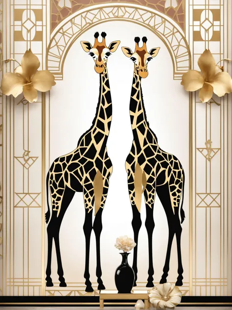 memoir book cover art, personal, nostalgic, authentic, soft colors the image, reimagined through the lens of art deco boldness, would feature the vases and sculpture adorned with vibrant geometric patterns, sharp lines, and vivid colors. the giraffe figurines would be elongated and slender, exhibiting a streamlined elegance. the overall scene would exude an opulent and glamorous aesthetic, characterized by extravagant details and luxurious materials, reminiscent of the lavish designs of the 1920s and 1930s.