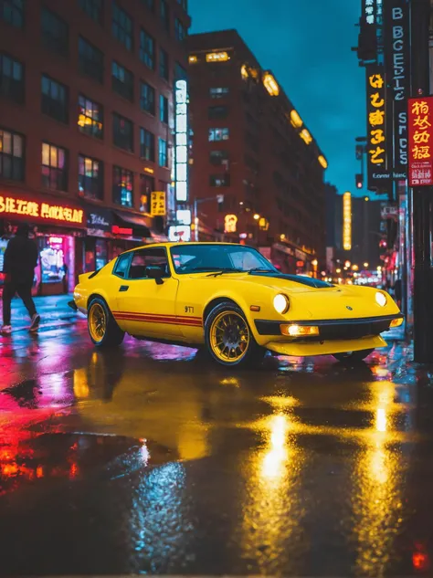weirdcore aesthetic in the image, a vibrant yellow sports car with a distinctive black stripe and red taillights is parked on a wet street. the car has gold colored wheels and features the number "9t" prominently displayed on its side. in the background, there are buildings adorned with brightly lit neon signs in shades of orange and white. a few pedestrians can be seen strolling along the sidewalks, adding life to the urban scene. the entire setting exudes a sense of excitement and energy typical of a bustling cityscape. . surreal, unsettling, nostalgic, highly detailed