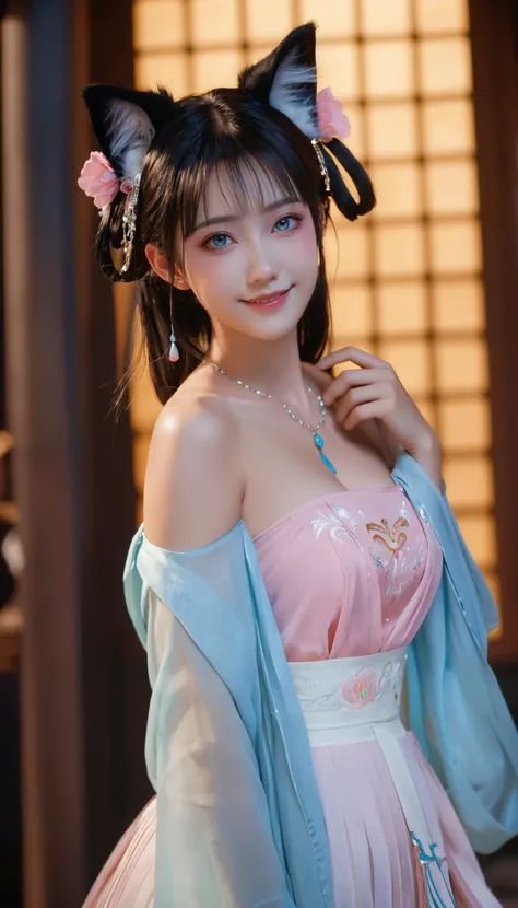 1girl,masterpiece,best quality,exquisite facial features,super delicate face,
wani wani panic,realistic,upturned eyes,blush,open chest,strap_slip,bare_shoulders,off_shoulder,smile,large breasts,charm,(full body:1.2),a pretty 19-year-old dark magical-girl plotting mischief,hanfu,song style outfits,light blue short shan,translucent white pleated skirt,pink songmo,cleavage,cat ears,skulls and terror,magical tattoos,vibrant magical particle effects,volumetric lighting,anti-aliasing,color-graded,bokeh,1DOF,nikon D850,ultra realistic detailed,aesthetic,best quality,(photorealistic:1.2),dynamic angle,elegant,realistic skin detail,
looking_at_viewer,masterpiece,best quality,(ultra realistic details),glass-like sparkling eyes are blurry and dreamy,muscle tone and definition,high contrast eyes,finely detailed features,stunning colors,cinematic lighting effects,super wide Angle,light particles,light particle art,(glowing:1.1),<lora:song_v46_sdxl:0.6>,