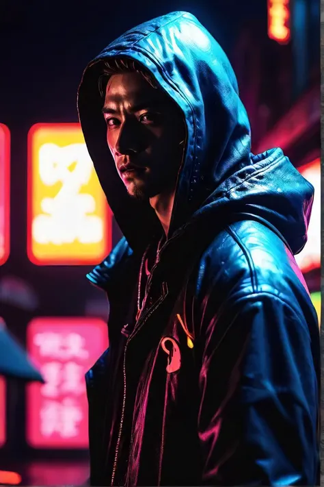 neon noir, photograph, disgusting, profound bright short yuan dynasty male rogue, moonlight, canon r5, cyberpunk, dark, rainy streets, neon signs, high contrast, low light, vibrant, highly detailed