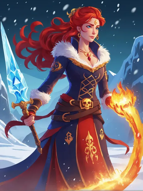 sea of thieves video game style, stylized realism, vibrant colors, pirate themed, cartoon like in a world where fire and ice coexist, there stands a magnificent red haired woman, her fiery locks contrasting against the backdrop of an icy landscape. dressed in ornate, flaming attire, she embodies both power and grace. the intricate designs on her dress shimmer with hues of red and gold, hinting at a royal lineage. her eyes, piercing like blue flames, gaze into the distance, as if contemplating the mysteries of the universe. a large, sparkling ruby adorns her forehead, reflecting the light from the blazing sun that casts long shadows across the barren tundra. as she strides forward, her fiery dress trailing behind her, one might expect her to leave a trail of fire in her wake. yet, instead of causing any harm, her fiery presence seems to bring warmth and comfort to the frigid environment. the ice around her begins to melt, forming puddles that glisten under the sun's rays. despite her regal appearance and the fiery elements surrounding her, there is a sense of confinement within her. perhaps it's the weight of her crown or the burden of her responsibilities. regardless, she continues her journey, determined to fulfill her destiny despite the challenges that lay ahead.