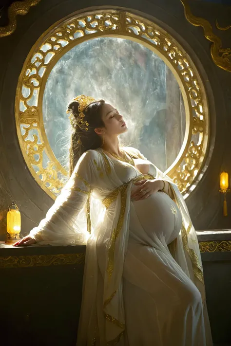 Xianxia style, cinematic scene, closed-up of a (pregnant:1.3) goddess with gigantic pregnant belly,<lora:Preggy:0.7>, leans over a wall in her heavenly bedroom, one hand on waist and one hand on belly,.Dressed in a flowing robe of silver and gold, intense discomfort face. A radiant halo surrounds her head, and magical mist swirls around her body. chaloujiusi,scenery,architecture,east_asian_architecture,paper_lantern, <lora:chaloujiusi:0.8>