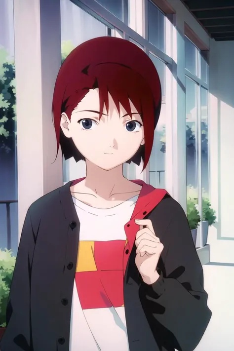 best quality, masterpiece, solo, 1girl, <lora:serial_experiments_lain-10:1>, cardigan, red hair, t-shirt,