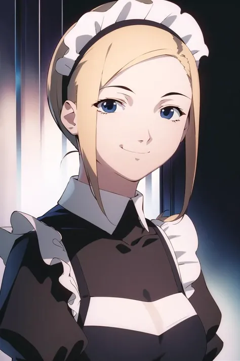 best quality, masterpiece, solo, 1girl, <lora:serial_experiments_lain-10:0.9>,portrait, looking at viewer, smile, blonde hair, gothic, maid,