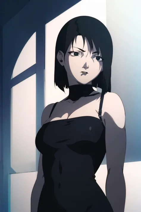 best quality, masterpiece, solo, 1girl, <lora:serial_experiments_lain-10:1>, gothic, black hair, black lips,