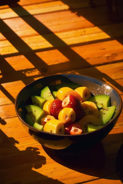 bowl of fruit on a wooden table in a mansion, dusk, (shadow, RAW photo, film grain, texture, detailed)