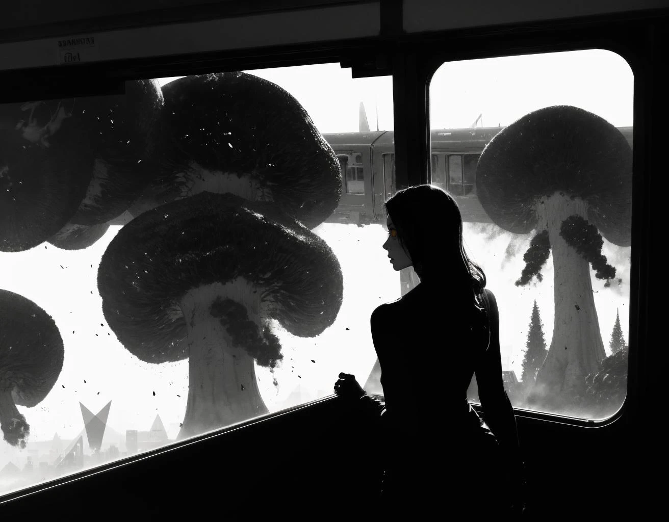 three cornered window, back of head shot of (woman looking out of triangle window:1.1), 3rd person, Looking out the triangular window of a (train:1.1) with triangular windows, triangular windows and triangular, wheels, in a fantasy world,
psychedelic, geometric, vivid light, high contrast, triadic colors, dark shadows, explosions, nuclear mushroom cloud, nuclear explosion, dystopian nightmare,
(beautiful composition),
21 yo woman,