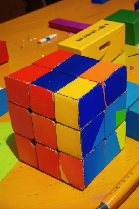cubes, crayon drawing, (RAW photo, film grain, texture, detailed)