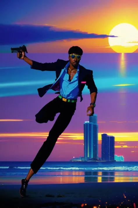 (1990s photograph:1.3) of a (black male detective on the beach), wearing a suit, (running, action pose), holding a gun, black beard, detailed, lifelike, texture, real, (dusk:1.3), neon theme, rainbow theme, (blade runner:1.2) (miami vice:1.3), palm trees, skyscrapers