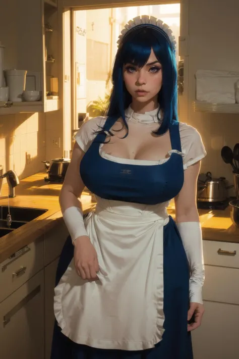 Masterwork, best quality, a photograph of a (gorgeous attractive pale-skinned:1.3) (plump:0.8) blue hair long hair (maid outfit, apron:1.3) with big lips, (large sagging breasts), heavy eyeliner, heavy makeup, nude, by Suicide Girls, soft diffuse lighting, kitchen, sink, detailed BREAK syd mead, basil gogos, kawase hasui, moebius, awe-inspiring