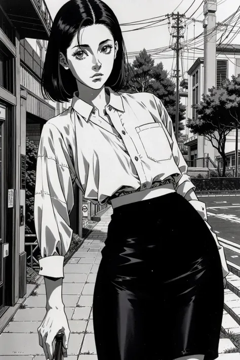 ([(attractive gorgeouswoman:1.2), [1girl::0.1], ((shirt, pencil skirt), masterpiece, magnificent, beautiful:1.2), ([black and white manga pencil|(1990s anime)], best quality:1.5), on a busy street, masterpiece, absurdres, best quality, magnificent, awe-inspiring, sharp contrast, texture, clutter and stuff::0.7]) [(photorealistic:1.3), cinematic lighting, (high detailed skin:1.2),([black and white manga pencil|(1990s anime):1.4)]:0.7] (kawase hasui, basil gogos, flat shading:1.3)