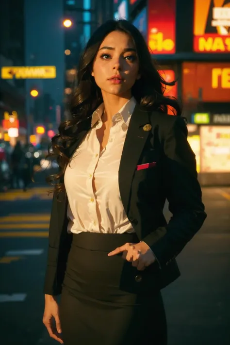 gorgeous attractive photogenic woman, (big lips), blazer, button up shirt, pencil skirt, long hair, city, dusk, (shadow, RAW photo, film grain, texture, detailed)