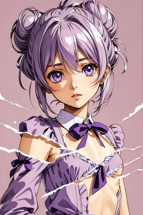 (masterpiece, best quality), 1girl, Lilac Messy Top Knot with Ribbon Tie, flat chest,  <lora:page_tear_C3_dlion_001_512:1> revealing layer, page tear