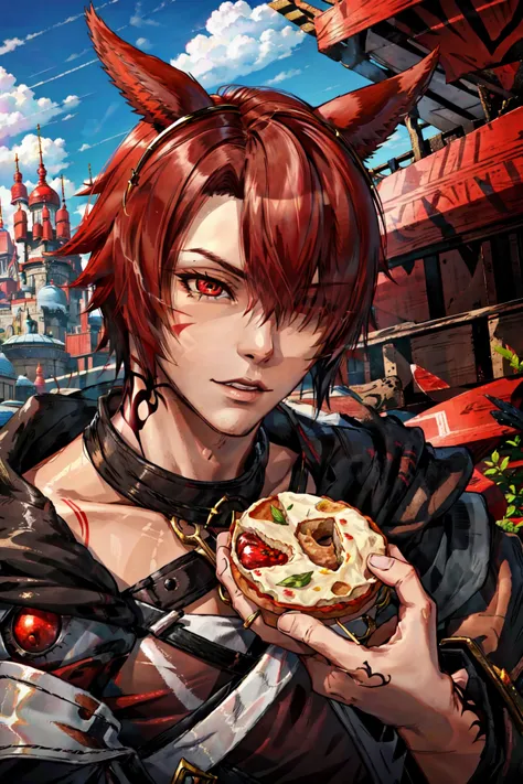 <lora:FFXIV_TrailerCG:0.8> FFXIV Trailer CG, solo, short hair, brown hair, hair ornament, red eyes, 1boy, holding, animal ears, male focus, red hair, outdoors, food, sky, day, cat ears, hair over one eye, tattoo, facial mark, holding food, slit pupils, portrait, androgynous, realistic, miqo'te, cat boy, neck tattoo, G'raha Tia