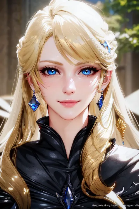 <lora:FFXIV_TrailerCG:0.7> FFXIV Trailer CG, 1girl, solo, long hair, looking at viewer, smile, blue eyes, blonde hair, jewelry, closed mouth, earrings, lips, blurry background, portrait, realistic