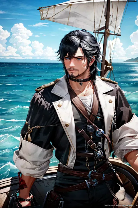 <lora:FFXIV_TrailerCG:0.7> FFXIV Trailer CG, solo, blue eyes, black hair, 1boy, male focus, facial hair, ocean, realistic, 1800s style boat, pirate