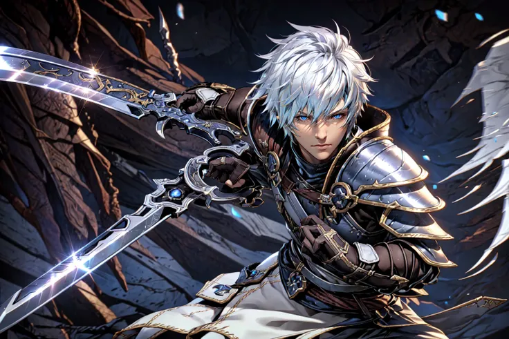 <lora:FFXIV_TrailerCG:0.8> FFXIV Trailer CG, solo, short hair, blue eyes, gloves, 1boy, holding, weapon, white hair, male focus, sword, holding weapon, armor, holding sword, dual wielding, motion blur, hyur, gunblade