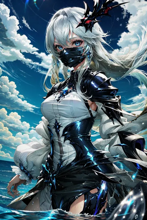 <lora:FFXIV_TrailerCG:0.8> 1girl, blue eyes, closed mouth, cloud, ffxiv trailer cg, long hair, medium breasts, mouth mask, water