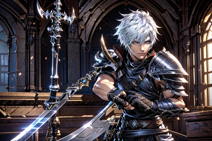<lora:FFXIV_TrailerCG:0.8> FFXIV Trailer CG, solo, short hair, blue eyes, gloves, 1boy, holding, weapon, white hair, male focus, sword, holding weapon, armor, holding sword, motion blur, hyur, gunblade, indoors