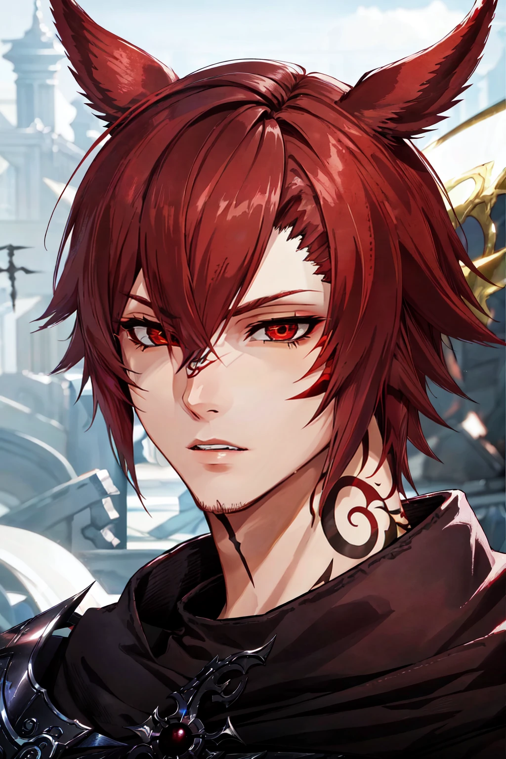 <lora:FFXIV_TrailerCG:0.7> FFXIV Trailer CG, 1boy, male focus, solo, short hair, hair ornament, red eyes, red hair, parted lips, cat ears, lips, tattoo, blurry background, facial mark, slit pupils, portrait, miqo'te, neck tattoo, G'raha Tia,
