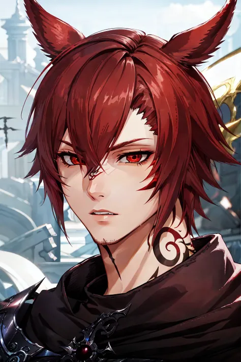 <lora:FFXIV_TrailerCG:0.7> FFXIV Trailer CG, 1boy, male focus, solo, short hair, hair ornament, red eyes,  red hair, parted lips, cat ears,  lips, tattoo, blurry background, facial mark, slit pupils, portrait, miqo'te, neck tattoo, G'raha Tia,