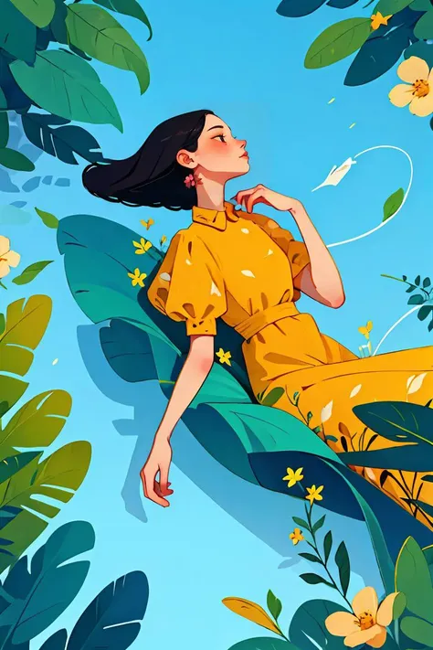 masterpiece, high quality, 1girl, black hair, yellow dress, leaves, flower, J_web_illustration <lora:æå¹³åwebæç»:0.8>