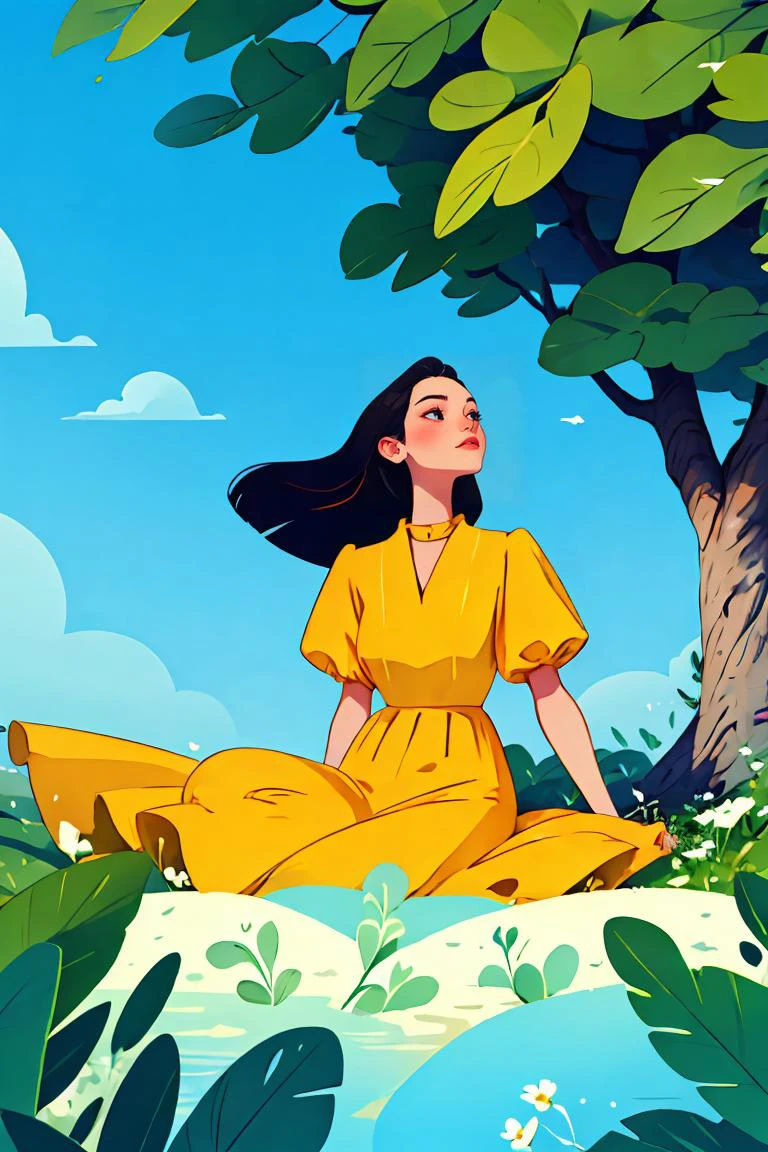 masterpiece, high quality, 1girl, black hair, yellow dress, leaves, flower, J_web_illustration <lora:æå¹³åwebæç»:0.8>