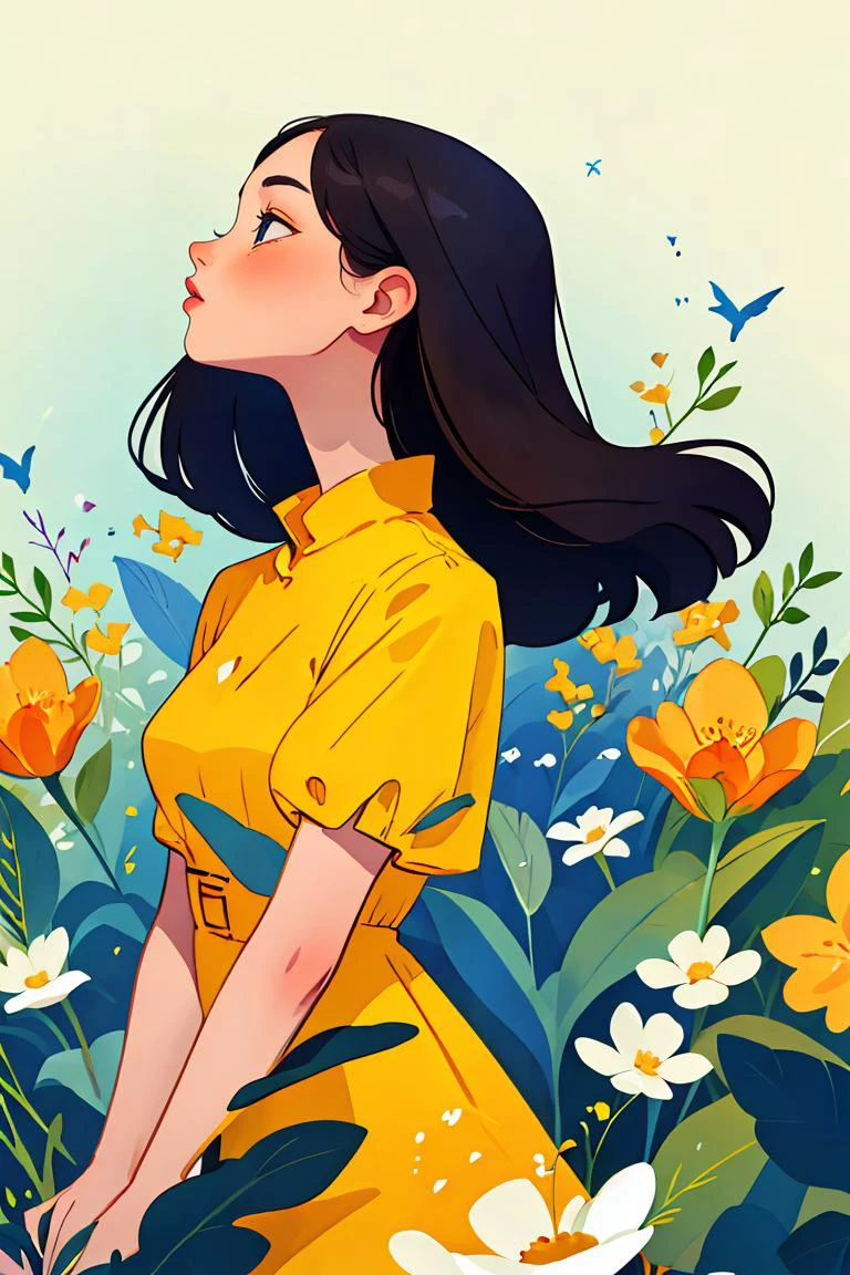 masterpiece, high quality, 1girl, black hair, yellow dress, leaves, flower, J_web_illustration <lora:æå¹³åwebæç»:0.8>