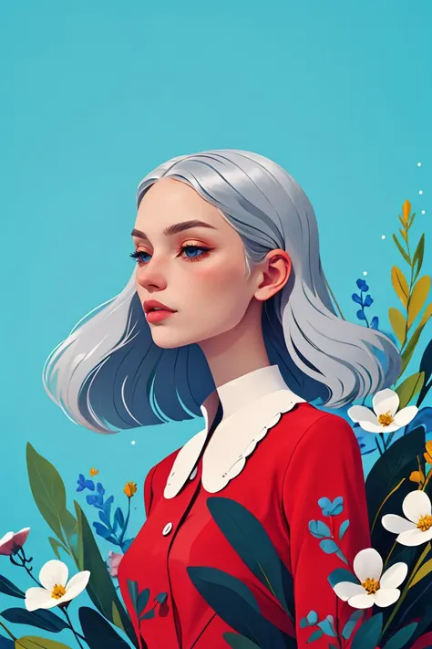 masterpiece, high quality, 1girl, silver hair, red dress,flower, plant,blue background, J_web_illustrationï¼ <lora:æå¹³åwebæç»:0.8>