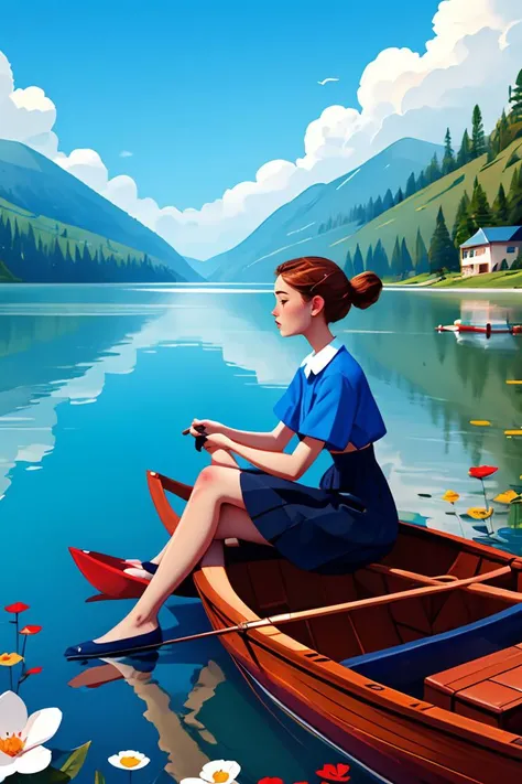 masterpiece, high quality, 1girl, brown hair,skirt,flower, boat, J_web_illustrationï¼ <lora:æå¹³åwebæç»:0.8>
