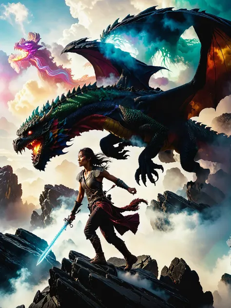RAW photo of a female warrior and a flying dragon over a rocky landscape, sky filled with a giant flow of colorful mist, Oz: A land of enchantment, where anything is possible, hd, dramatic lighting, Intricate, high quality, highly detailed, centered, sharp focus, film grain, f/4, greg rutkowski style <lora:add-detail-xl:0.5> <lora:greg_rutkowski_xl_v3:0.75> <lora:xl_real_beta1:0.5>