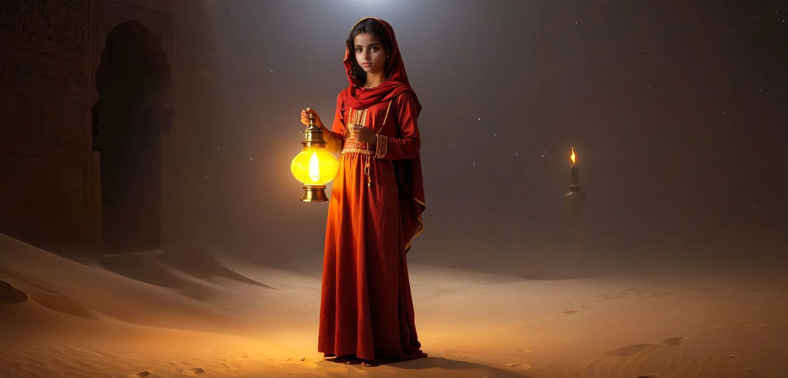 ((full body)), Young arab girl holding a lamp with yellow and red flames, in a desert arab market, moon light, bright eyes in the shadows, <lora:greg_rutkowski_xl_v3:0.8> Greg Rutkowski