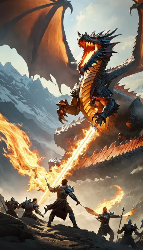 masterpiece, best quality, greg rutkowski, winged dragon, weapon, sword, breathing fire from mouth, fantasy, armor, holding weapon, holding sword, battle, scenery, mountain, outdoors, multiple people, very detailed, high resolution, sharp, sharp image, 4k, 8k,<lora:greg_rutkowski_xl_v2:1>