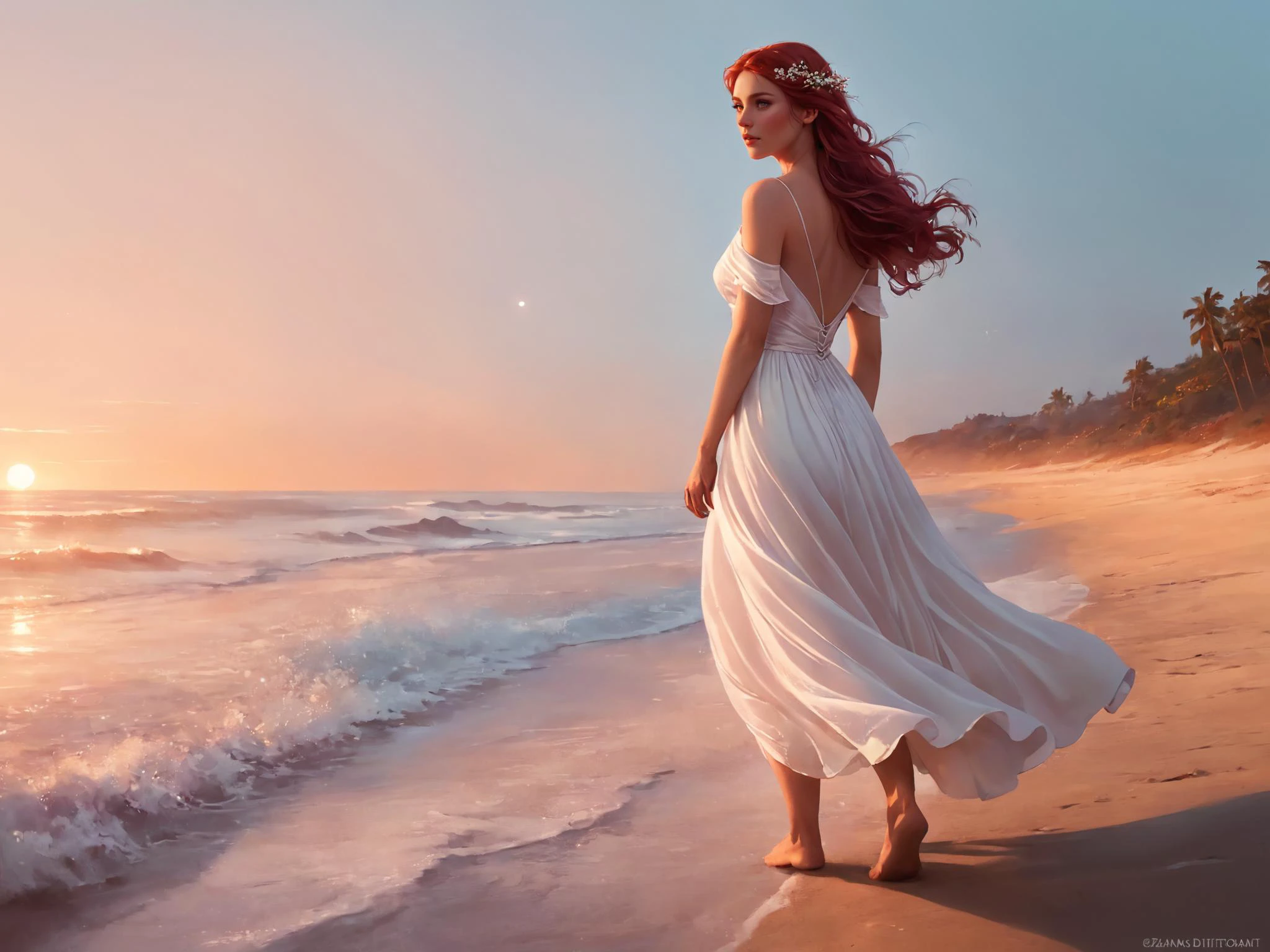 fantasy digital painting of a woman, ethereal beauty, looking at the sky longingly, detailed sad eyes, walking through the beach, barefoot, wearing a loose white sheer dress that flows in the wind, flowers in her hair, orange red pink sky, side view, dreamy atmosphere, bathed in the crimson light of dusk, <lora:Anna_Dittmann_Style_XL-000009:0.7> Anna Dittmann <lora:greg_rutkowski_xl_v1:0.9> Greg Rutkowski