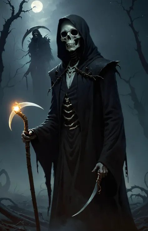 digital painting, art by greg rutkowski, portrait, (victorian theme:1.1) calm, ethereal soul reaper, scythe, decay, floating particles, shadows, cold, dead forest in background, rats in background, mist, dark clouds, candlelight, mysterious lighting, sinister dark atmosphere, <lora:greg_rutkowski_xl_v2:1>