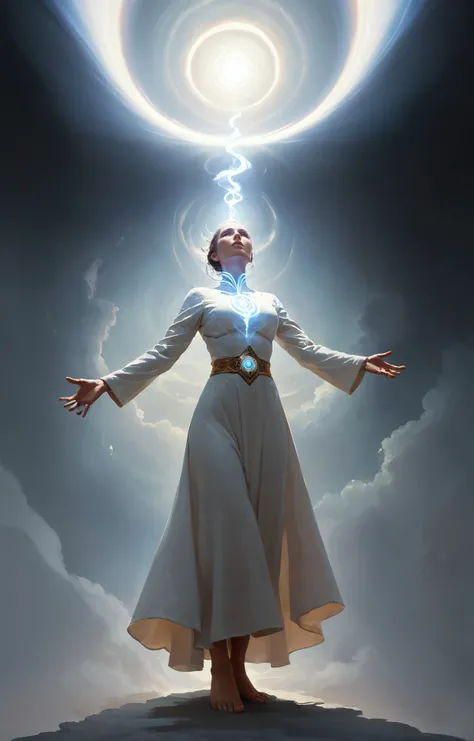 digital painting, art by greg rutkowski, looking up, ( theme:1.1) illusionist, psychic powers, awareness, dynamic pose, telepathy, psychomancy, aura, thought projection, mind powers, concentric white psychic energy emanating, mysterious lighting, mystic atmosphere, <lora:greg_rutkowski_xl_v2:1>