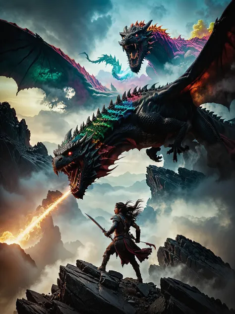 RAW photo of a female warrior and a flying dragon over a rocky landscape, sky filled with a giant flow of colorful mist, Mordor: A dark and evil land ruled by the dark lord Sauron, hd, dramatic lighting, Intricate, high quality, highly detailed, centered, sharp focus, film grain, f/4, greg rutkowski style  <lora:add-detail-xl:-0.5> <lora:greg_rutkowski_xl_v3:0.75> <lora:xl_real_beta1:0.5> <lora:neg4all_bdsqlsz_xl_V7:0.75>