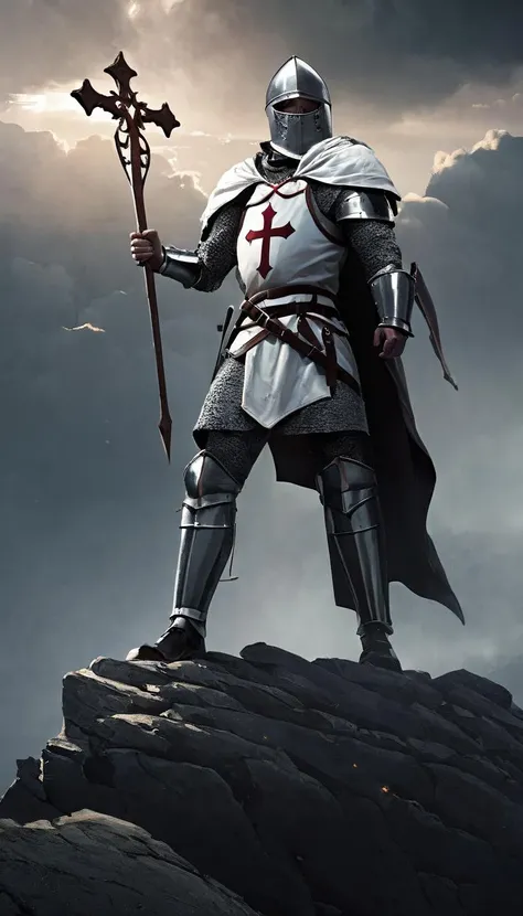 A man dressed in a knight's outfit, including a white cape and a cross on his chest, is standing on a rocky hill. Holding a crossbow, ready to defend or protect. Dark sky adding a dramatic atmosphere. Cinematic scene, hero view, action pose, detailed background, masterpiece, best quality, high quality, highres, absurdres, Greg Rudkowski <lora:greg_rutkowski_xl_v2:1>