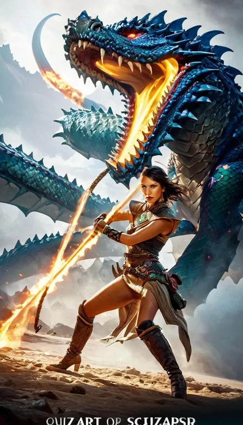 Colorful stunning female adventurer in exotic outfit fighting a giant majestic dangerous dragon, adventure, fantasy, science fiction, sci-fi, extremely beautiful piercing eyes, cinematic scene, hero view, action pose, scenery, detailed background, masterpiece, best quality, high quality, intricate, absurdres, very detailed, extremely high resolution, 8k, vivid, colorful, Greg Rutkowski <lora:greg_rutkowski_xl_v2:1.5>