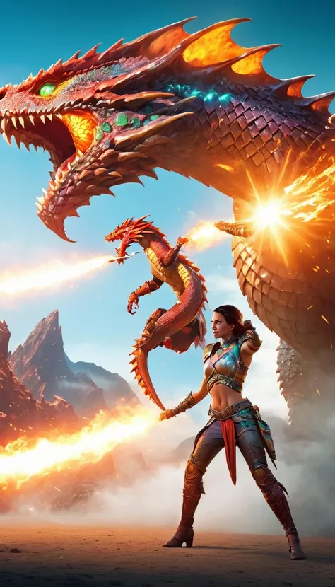 Colorful stunning female adventurer in exotic outfit fighting a giant majestic dangerous dragon, adventure, fantasy, science fiction, sci-fi, extremely beautiful piercing eyes, cinematic scene, hero view, action pose, scenery, detailed background, masterpiece, best quality, high quality, intricate, absurdres, very detailed, extremely high resolution, 8k, vivid, colorful, Greg Rutkowski <lora:greg_rutkowski_xl_v1:1>