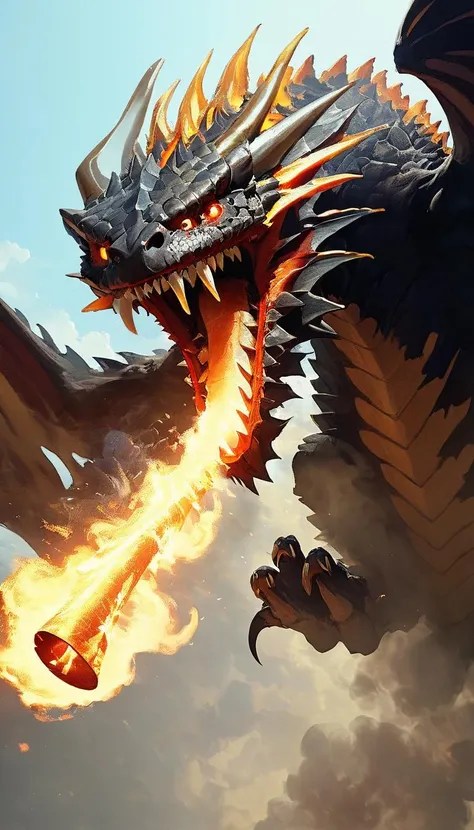 masterpiece, best quality, greg rutkowski, fire, no humans, open mouth, wings, dragon, sharp teeth, teeth, tail, solo, breathing fire, horns, monster, claws, smoke, very detailed, high resolution, sharp, sharp image, 4k, 8k, <lora:greg_rutkowski_xl_v3:1>