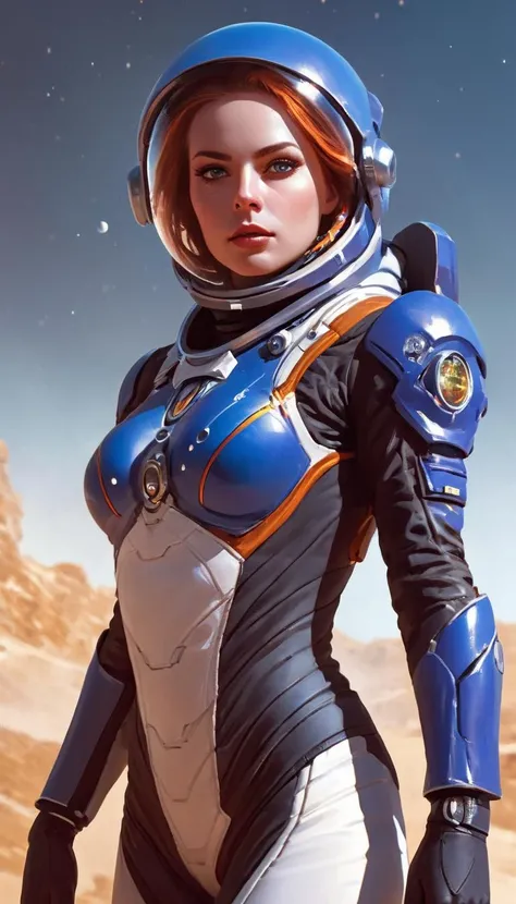 (masterpiece), best quality, bersek, french face, (upper body), courageous woman with shoulder length hair, intricate spacesuit, (perky breasts), (dutch angle), warm palette, (👩🚀), space station,comics