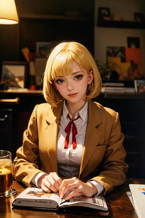 (masterpiece:2), (best quality:1.4), (Neo-Noir exclusive artbook:2), (impressive professional artbook:1.2), (glamourous:1.3), (long shot wide-angle professional epic scene:1.4), (silhouette:1.0),
(blonde short hair:1.4), (blunt bangs:1.2), (brown jacket over shirt:1.2), (neck ribbon:1.2), collared shirt, school uniform, plaid skirt, loafers, joyful, squinting eyes, midorikawa hana, high detail hands,
[Korean idol:Russian idol:0.35], allured smiling, petite\(figure\) body, pretty face, happily face expression, gorgeous, long eyelashes, erotic light, small tits, (detailed shiny brown eyes:1.2), a lot of stuffs, a lot of props,
(detailed costume:1.2), realistic material texture,
dark and gritty,
extreme details, hyper detailed, extremely high resolution, extremely high res, high resolution, highres, volumetric lighting, (messy surrounding:1.3), explicit details, extremely sharp focus,
HDR, DSLR, high dynamic color range, RAW Photo, <lora:MidorikawaHanaV8:0.8>