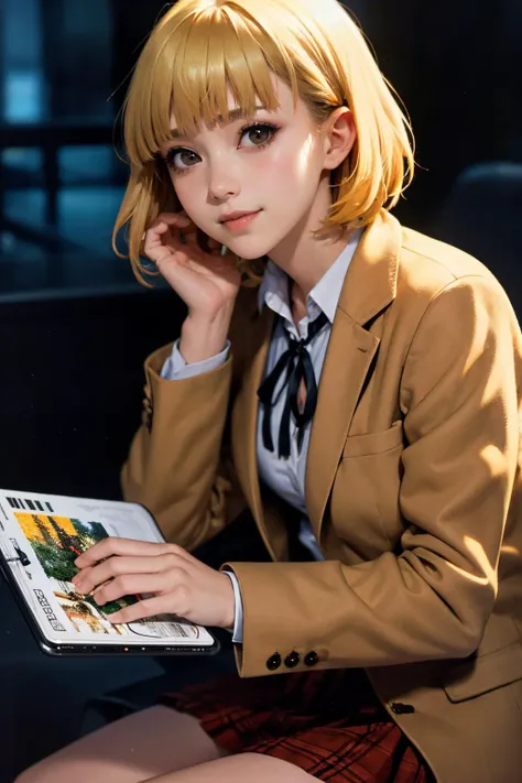 (masterpiece:2), (best quality:1.4), (Neo-Noir exclusive artbook:2), (impressive professional artbook:1.2), (glamourous:1.3), (long shot wide-angle professional epic scene:1.4), (silhouette:1.0),
(blonde short hair:1.4), (blunt bangs:1.2), (brown jacket over white  shirt:1.2), (neck ribbon:1.2), collared shirt, school uniform, plaid skirt, loafers, joyful, squinting eyes, Midorikawa Hana, high detail hands, natural lips color, 
[Korean idol:Russian idol:0.35], allured smiling, petite\(figure\) body, pretty face, happily face expression, gorgeous, long eyelashes, erotic light, small tits, (detailed shiny brown eyes:1.2), a lot of stuffs, a lot of props,
(detailed costume:1.2), realistic material texture,
dark and gritty,
extreme details, hyper detailed, extremely high resolution, extremely high res, high resolution, highres, volumetric lighting, (messy surrounding:1.3), explicit details, extremely sharp focus,
HDR, DSLR, high dynamic color range, RAW Photo, <lora:MidorikawaHanaV8:0.8>