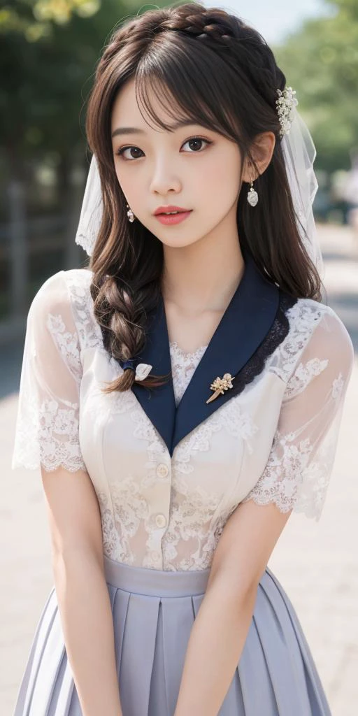 1girl,cute girl,light smile,happy,((((upper body,real face photo,simple background,background blur)))),big eyes,looking at viewer,close in viewer,analog style,physically-based rendering,ultra-detailed,professional lighting, photon mapping,(outdoor,bokeh),(RAW photo, best quality, masterpiece:1.3), (realistic, photo-realistic:1.3),detailed facial features,slim girl,high heels,tassel, innocent, bangs,(pureerosface_v1:0.8) ,(ulzzang-6500-v1.1:0.4),(better_oppai:0.1), (flower_style:0.26),((looking at viewer,close in viewer)),bare shoulders,<lora:sexyt_school_uniform:0.07>,(sexyt_school_uniform,short school uniform clothes with lace style:1.56),(clothes more colorful,more sexy), short school uniform clothes with lace style, show legs,bare legs,colorful school uniform clothes, <lora:bridal_hairstyle:0.11>,(bridal_hairstyle,bridal hair style,bridal hairstyle:1.39),cleavage,deep-V style uniform with long leg's socks,long hair,