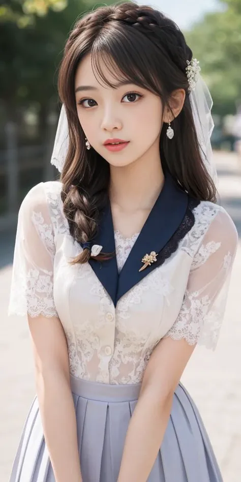 1girl,cute girl,light smile,happy,((((upper body,real face photo,simple background,background blur)))),big eyes,looking at viewer,close in viewer,analog style,physically-based rendering,ultra-detailed,professional lighting, photon mapping,(outdoor,bokeh),(RAW photo, best quality, masterpiece:1.3), (realistic, photo-realistic:1.3),detailed facial features,slim girl,high heels,tassel, innocent, bangs,(pureerosface_v1:0.8) ,(ulzzang-6500-v1.1:0.4),(better_oppai:0.1), (flower_style:0.26),((looking at viewer,close in viewer)),bare shoulders,<lora:sexyt_school_uniform:0.07>,(sexyt_school_uniform,short school uniform clothes with lace style:1.56),(clothes more colorful,more sexy), short school uniform clothes with lace style, show legs,bare legs,colorful school uniform clothes, <lora:bridal_hairstyle:0.11>,(bridal_hairstyle,bridal hair style,bridal hairstyle:1.39),cleavage,deep-V style uniform with long leg's socks,long hair,