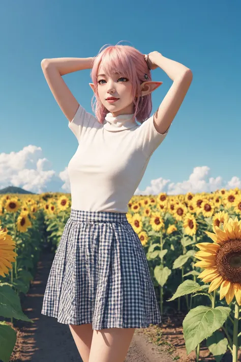 3d, cgi, 3d render, cartoon, 1girl elf, long pointy ears, smile, multi color hair, blush, Gingham High-low skirt, Turtleneck, , , , hand on own face, blush stickers, standing, flat chest, oekaki, A sun-drenched field of sunflowers, stretching as far as the eye can see and radiating warmth in background